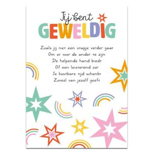 Vrolijk gekleurde wenskaart met de tekst; Jij bent geweldig. gedecoreerd met vrolijke sterren en regenbogen. Met bijpassende envelop.